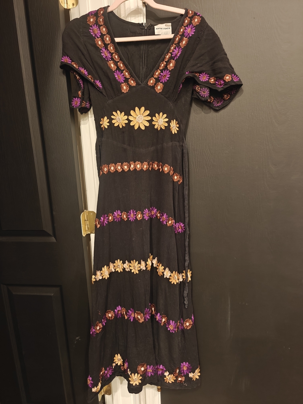 Antik Batik Black Midi Dress with Purple and Yellow Floral Embroidery
